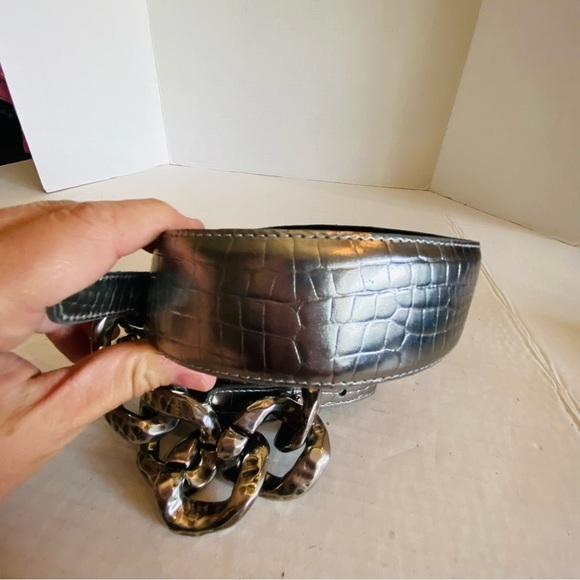 Vintage Sandy Duftler Genuine Leather Silver Gunmetal Metallic Belt L - Picture 13 of 16